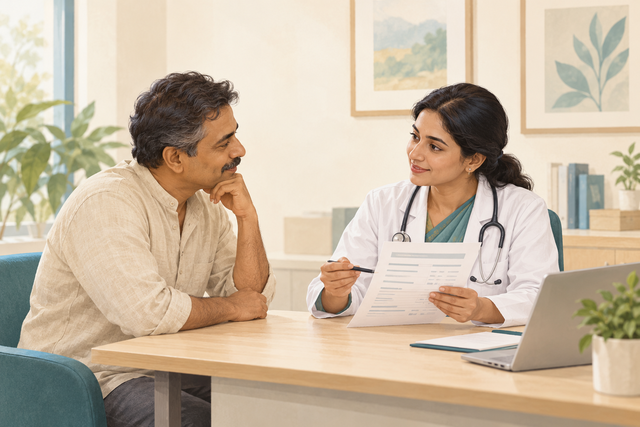 Illustration of a patient and clinician discussing a laboratory report.