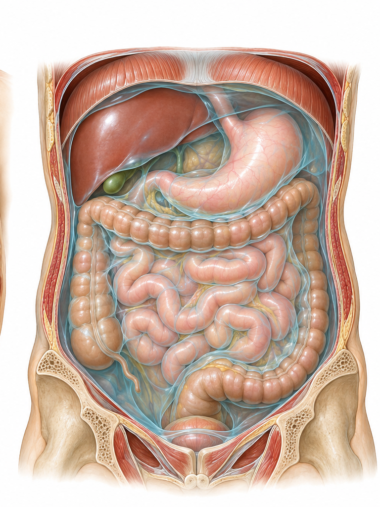 Front-view abdominal cutaway, with blue highlighting the peritoneum around abdominal organs.