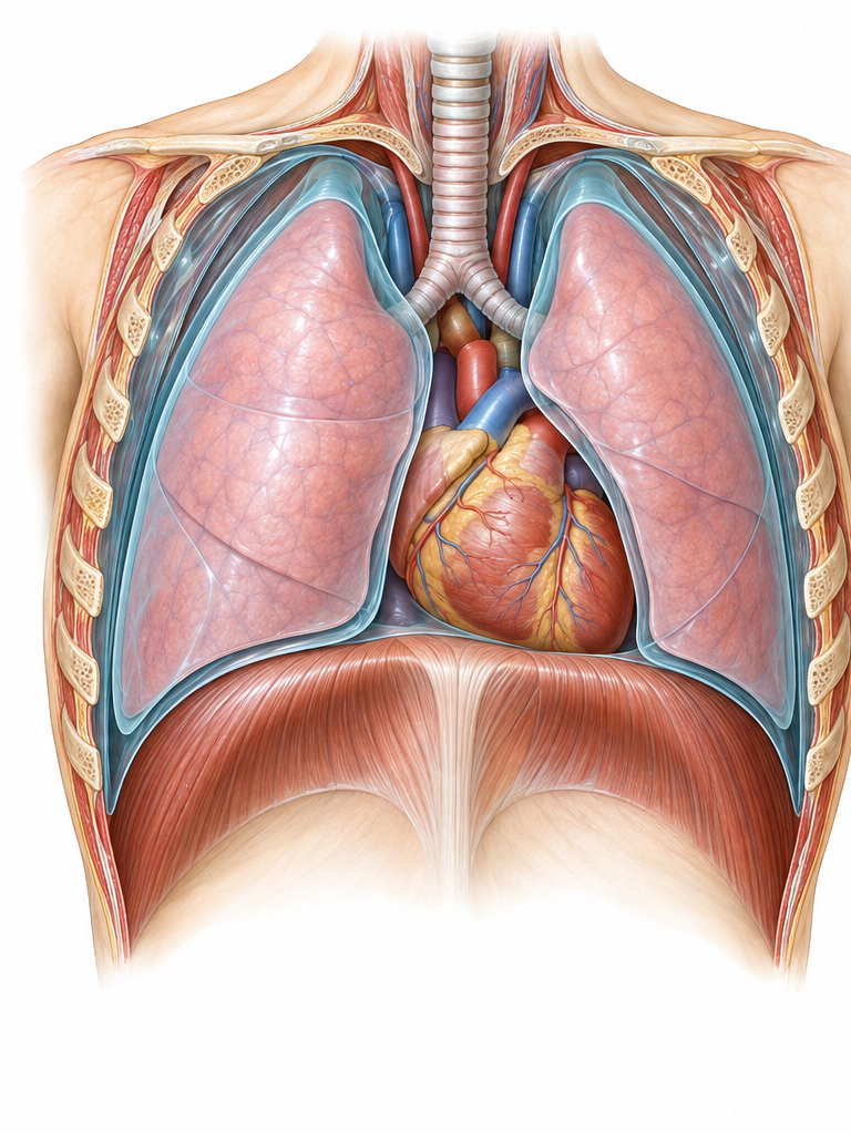 Front-view chest cutaway, with blue highlighting the pleura around the lungs.