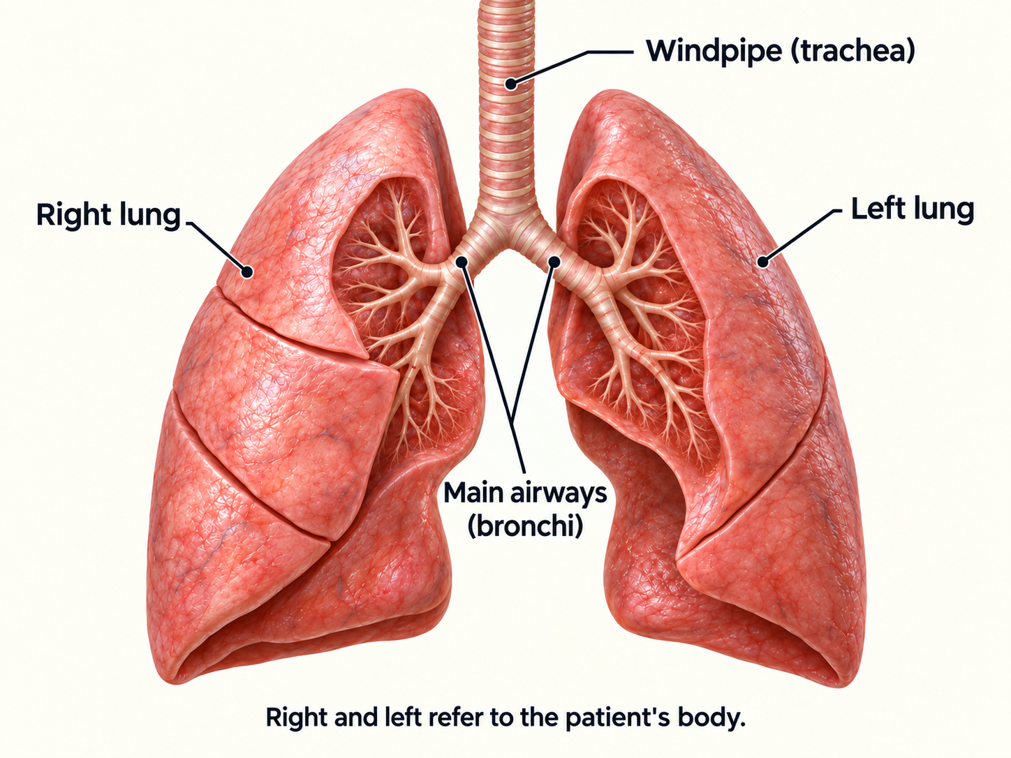 Normal right and left lungs, windpipe and branching main airways shown through cutaways.