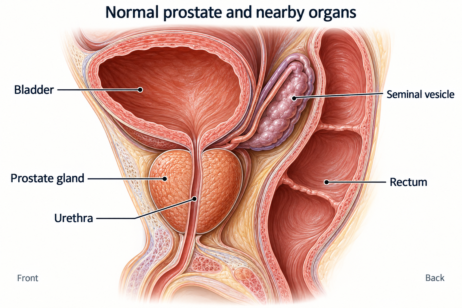 The prostate sits below the bladder, around the urine tube and in front of the rectum. The seminal vesicles lie behind the bladder.