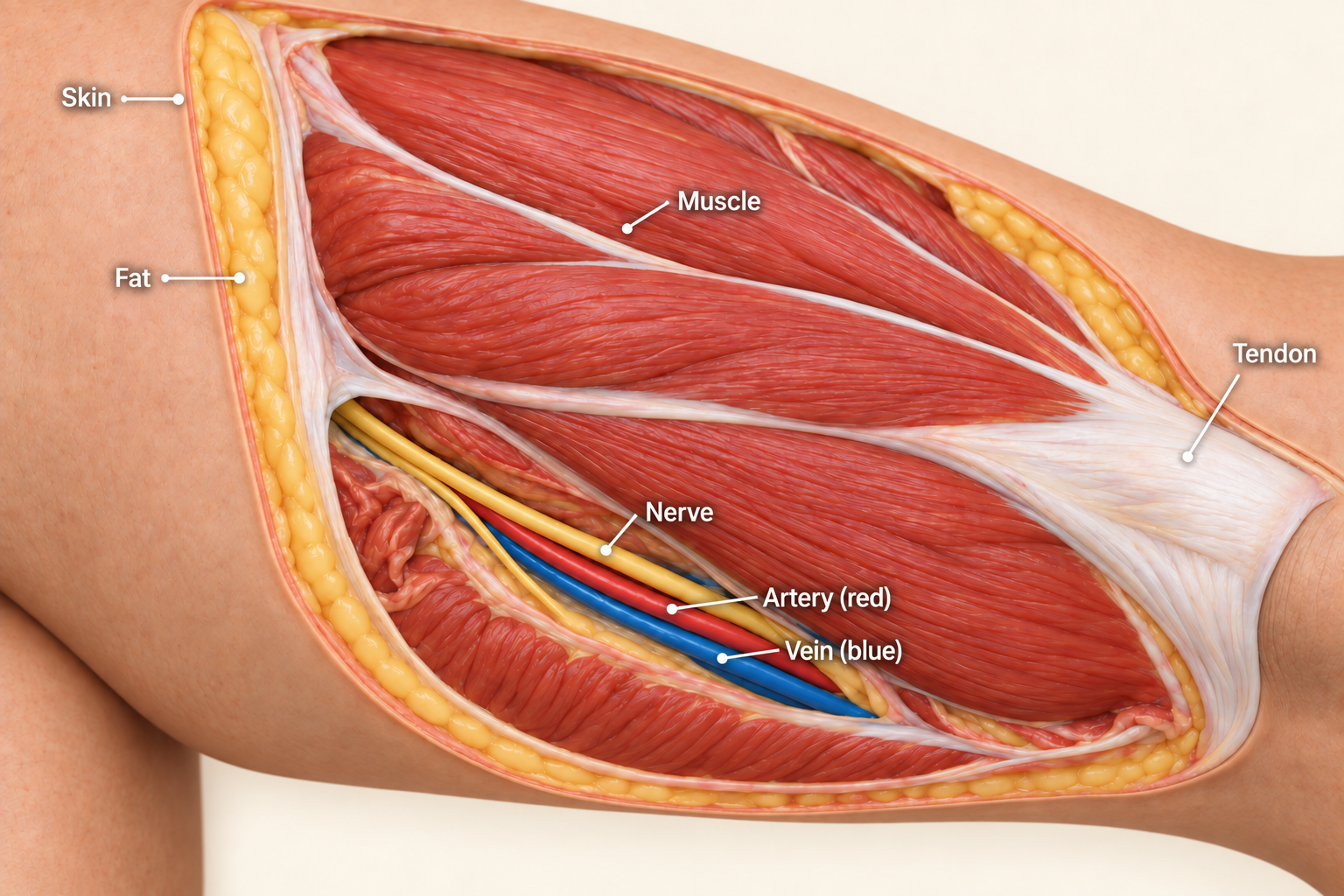 Normal skin, fat, muscle, tendon, nerve, artery and vein in a soft-tissue cutaway.