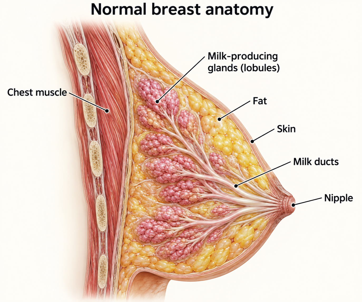 Normal breast cutaway showing milk-producing glands, milk ducts, nipple, fat, skin and chest muscle.