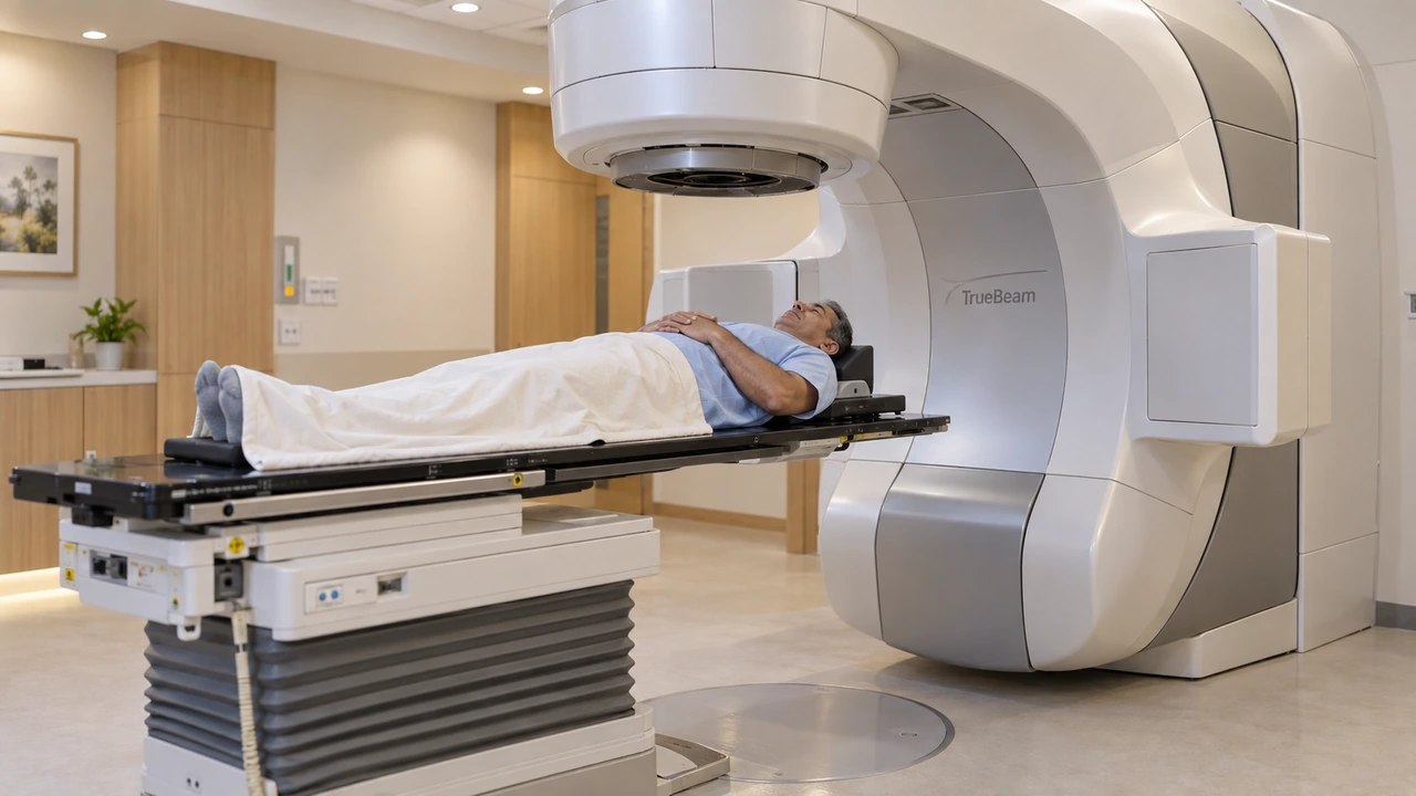 AI-generated illustration of a patient lying on the treatment couch beneath a TrueBeam radiotherapy machine