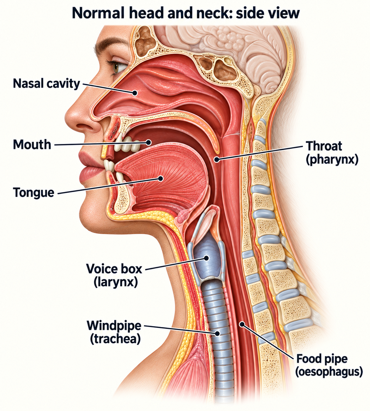 Side view showing the nasal cavity, mouth, tongue, throat, voice box, windpipe and food pipe.