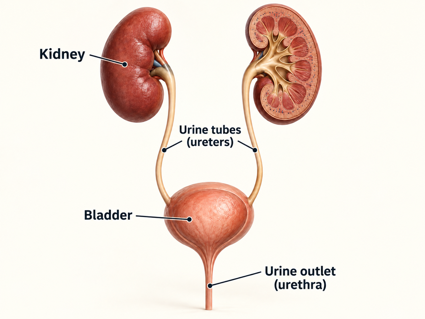 Labelled kidneys, ureters, bladder and urethra, with one kidney shown in cross-section.