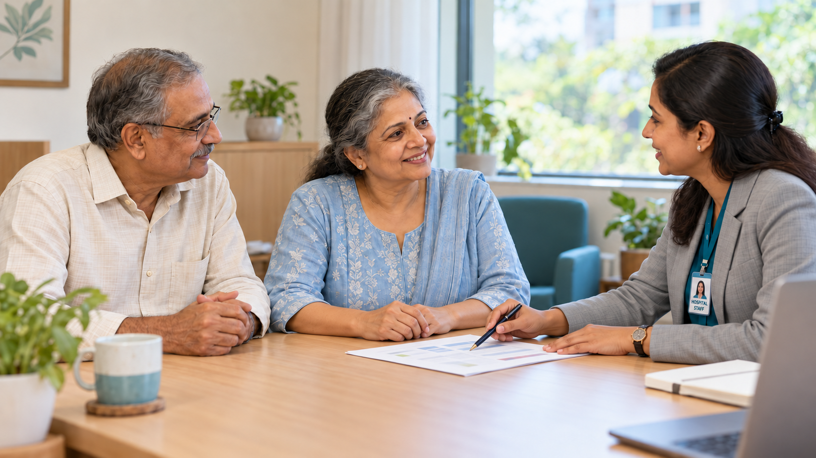 A hospital counsellor explains treatment-cost options with a pen while an Indian patient and her caregiver listen calmly.