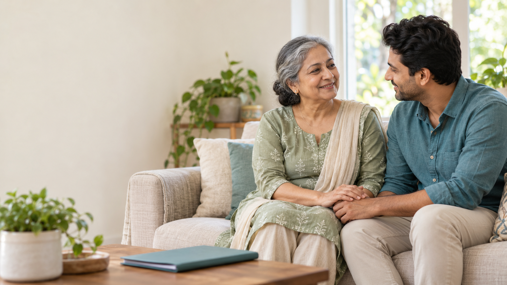 An older Indian woman and her adult son share a reassuring conversation at home.